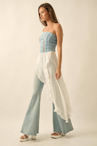 Tencel Denim and Gauze Strapless Ruffled Maxi Top