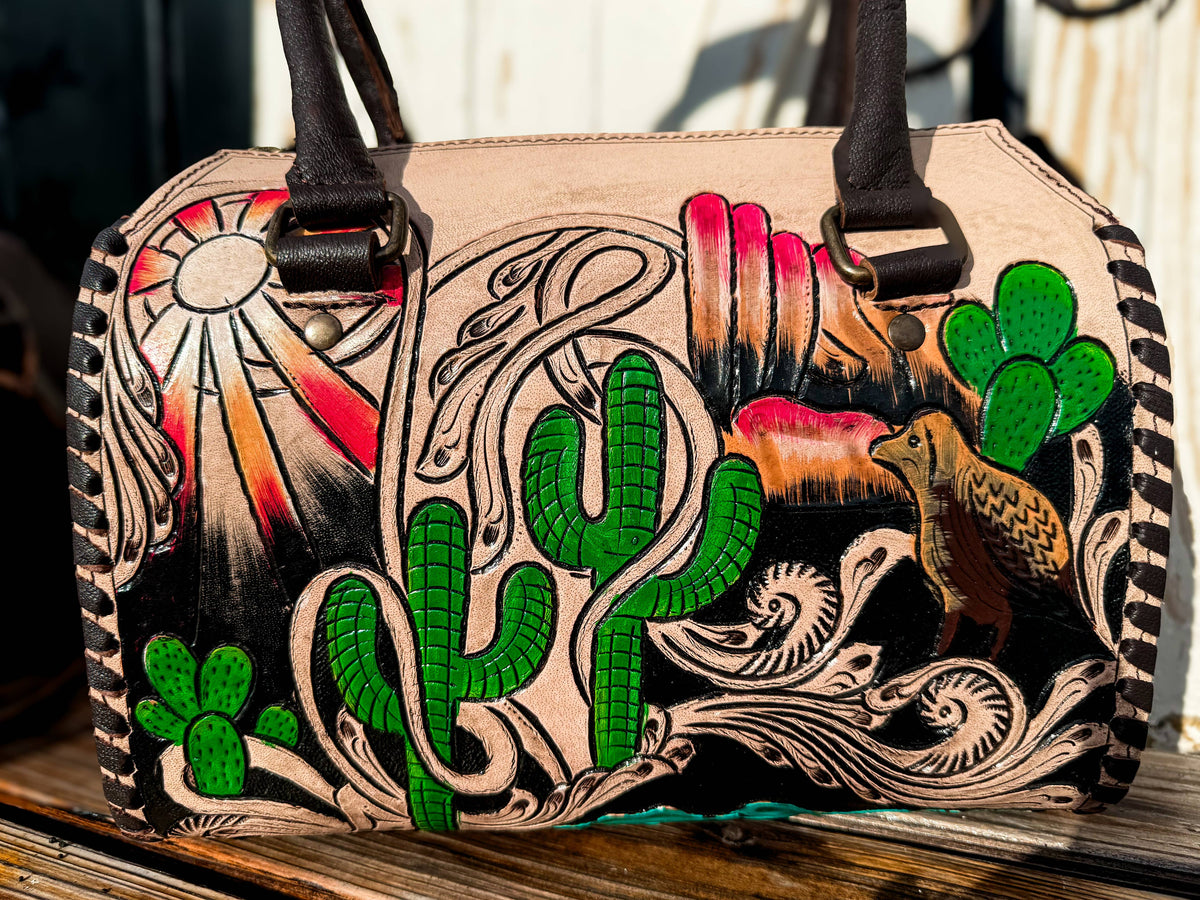 Desert Mirage Tooled Leather Speedy Bag | Hand Painted Western Satchel & Crossbody