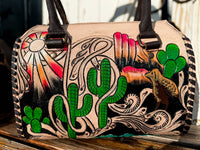 Desert Mirage Tooled Leather Speedy Bag | Hand Painted Western Satchel & Crossbody