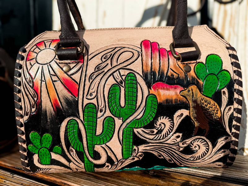 Desert Mirage Tooled Leather Speedy Bag | Hand Painted Western Satchel & Crossbody