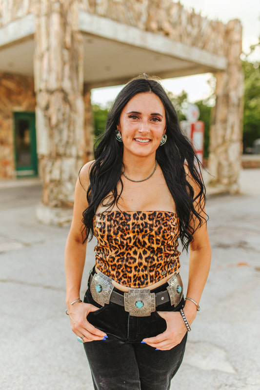 Brown Leopard Leather Boot Stitch Corset Tie Back