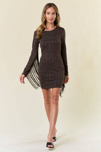 METALLIC MOCHA FRINGED BODYCON DRESS