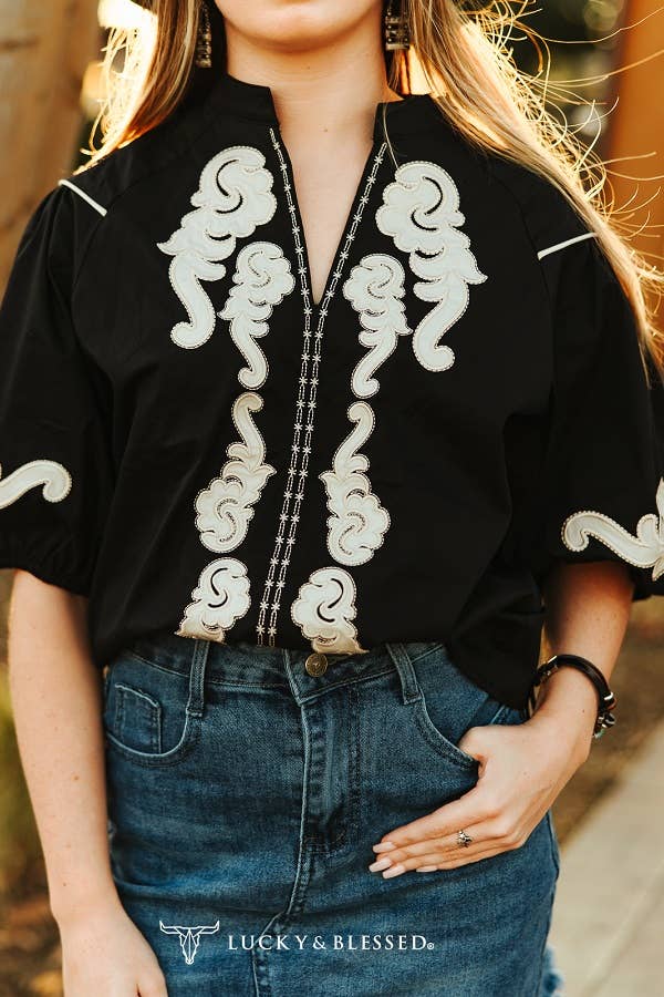 Black Western Embroidered Detail Blouse