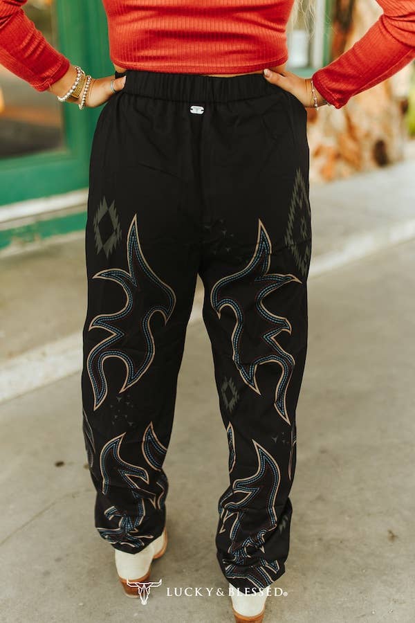Black Boot Stitch Printed Elastic Waist Jogger Pants