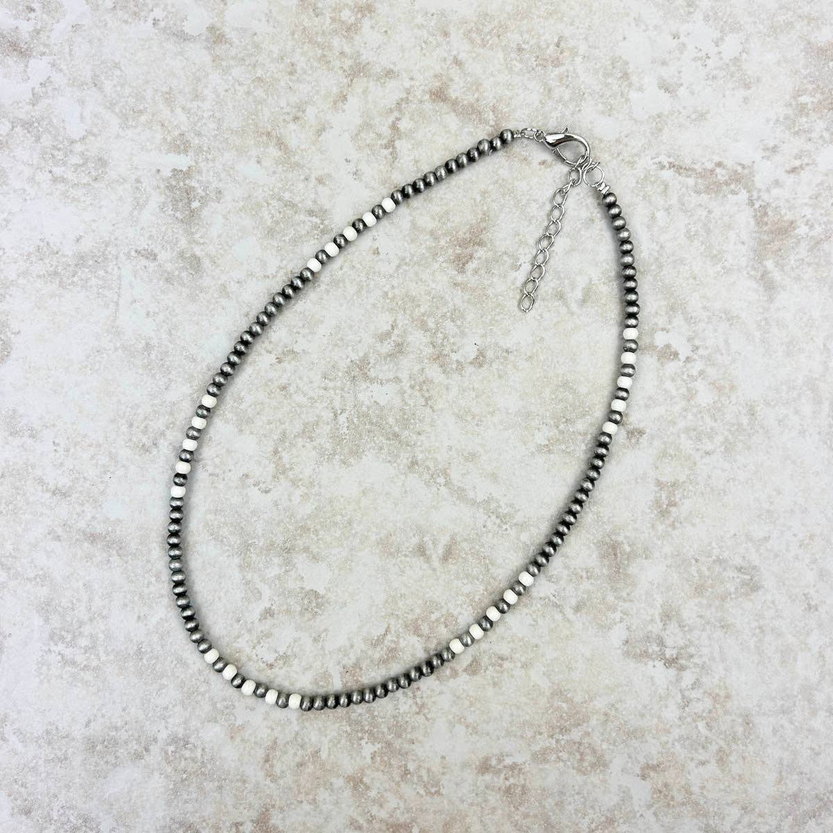 White Stone with Silver Navajo Pearl Bead Necklace