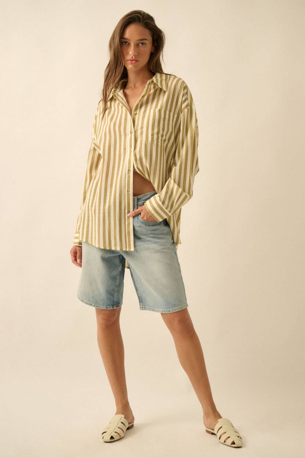 Stripe-Print Woven Cotton Oversized Button-Up Pocket Shirt