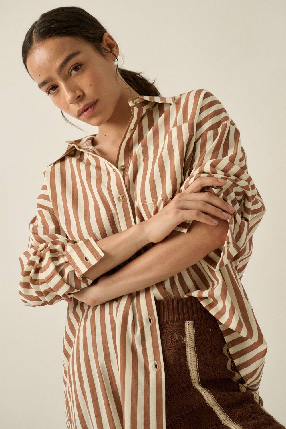 Stripe-Print Woven Cotton Oversized Button-Up Pocket Shirt