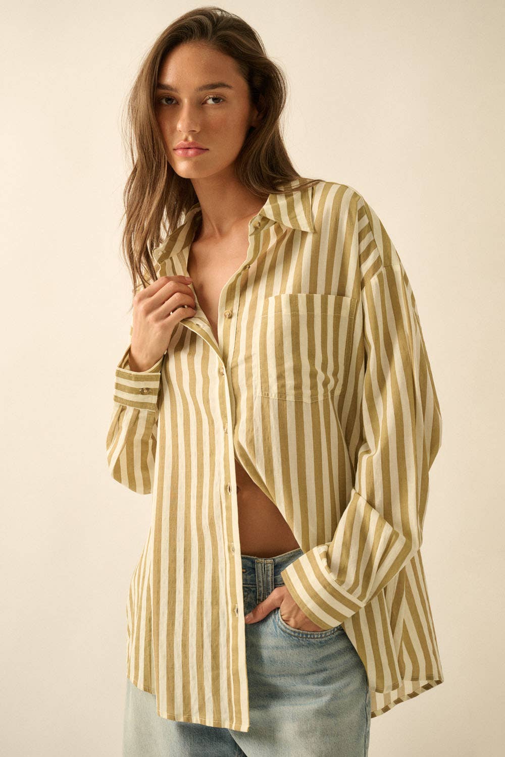 Stripe-Print Woven Cotton Oversized Button-Up Pocket Shirt